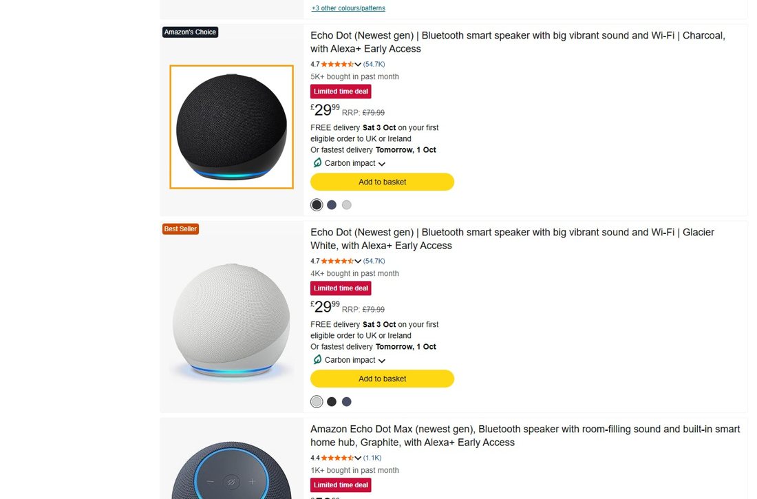 Option 1 mocked into the Echo Dot's own slot in Amazon's smart speaker results