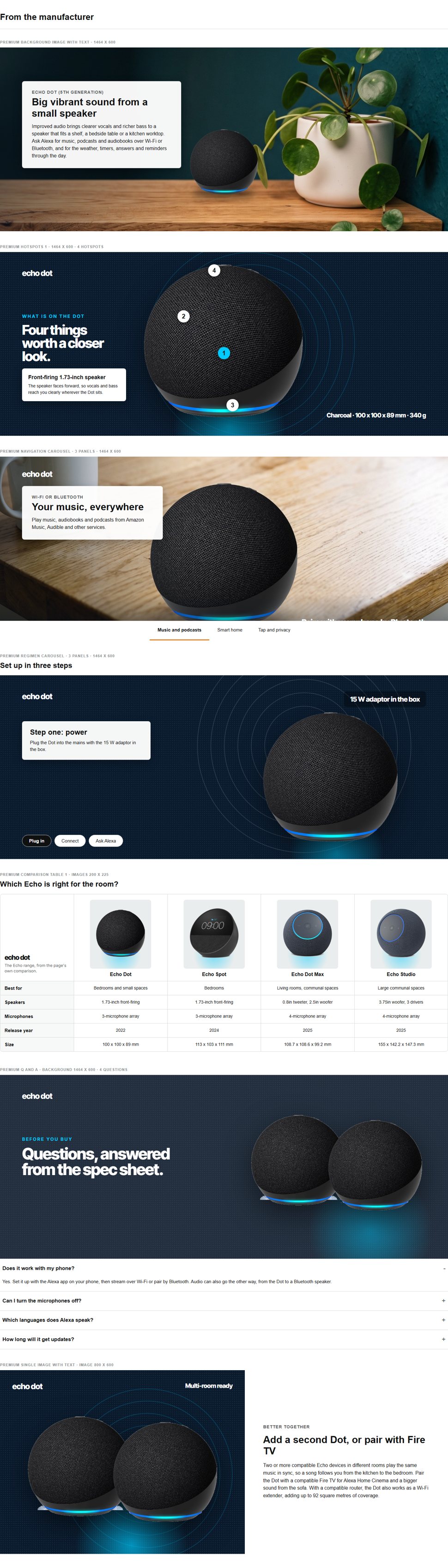 The full Premium A+ page for the Echo Dot, desktop