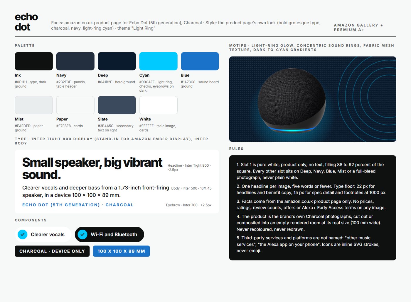 The brand kit One-Click wrote for itself: palette, type and rules