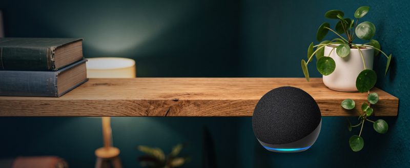 Echo Dot on a shelf drawn too large