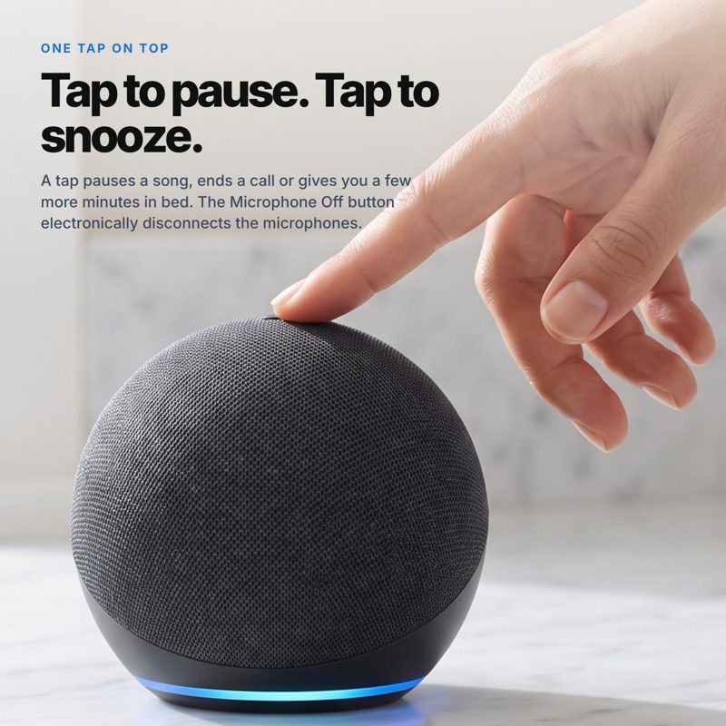 Close crop of a hand tapping the Echo Dot