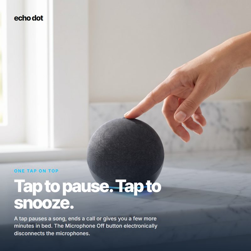 A hand tapping a small, distant Echo Dot