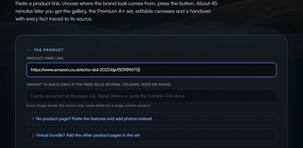 The One-Click form with the Echo Dot link being typed